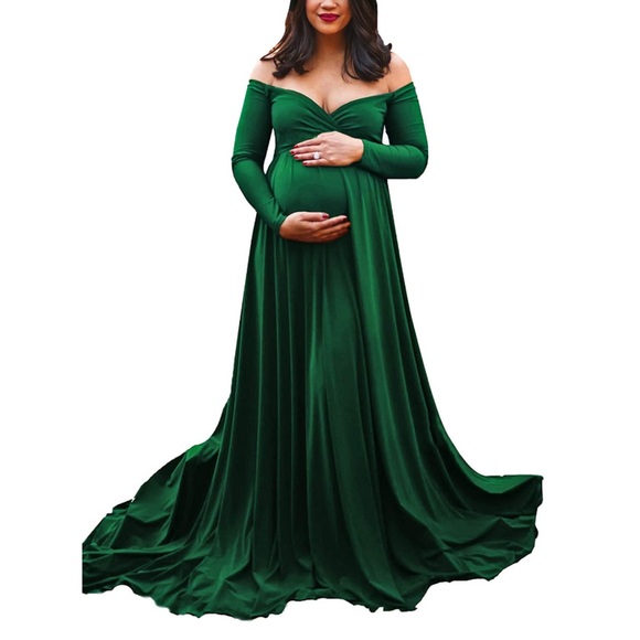 Hunter Green Long Sleeve Maternity Off the Shoulder Half Circle Gown, Size Small - Picture 8 of 9